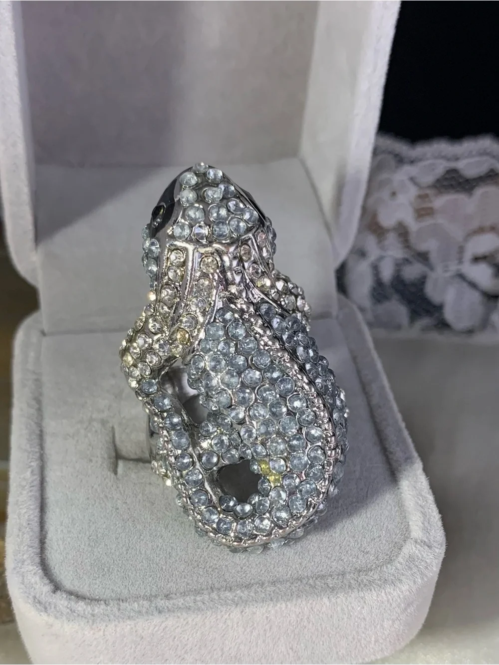 Silver Crystal Lizard Ring - Sparkling Statement Ring size 7